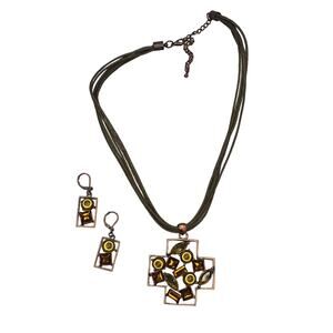 Multistrand Yellow Brown Bronze Tone Medallion Statement Necklace with Earrings